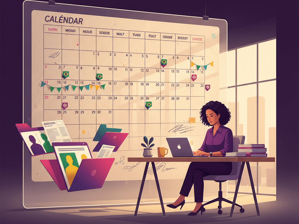 Ilustração de calendário letivo digital com feriados nacionais marcados e secretaria preparando matrículas em lote no EduPrime