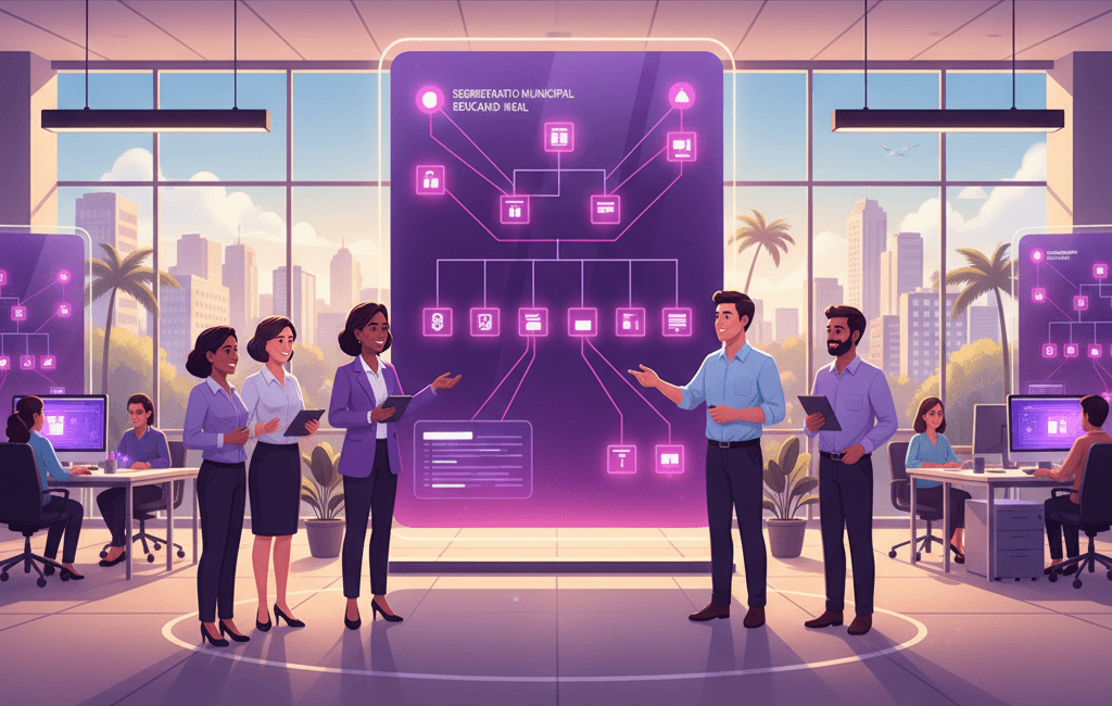 Ilustração mostrando equipe de servidores municipais gerenciados em painel da secretaria de educação no EduPrime