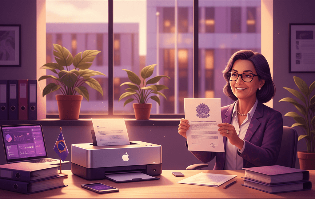 Ilustração editorial mostrando declaração de matrícula em PDF e tela de rematrícula aprimorada do EduPrime