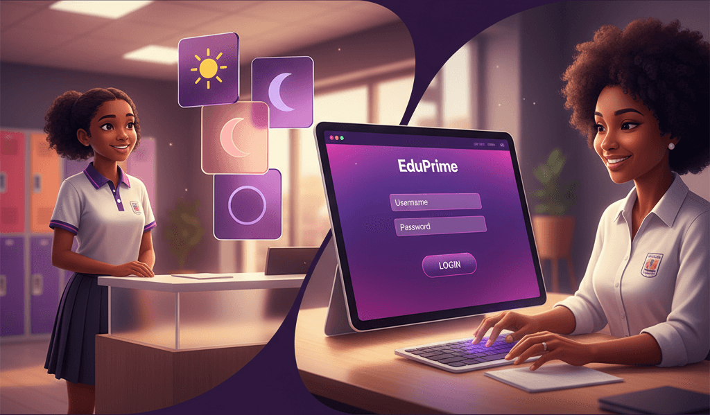 Ilustração editorial mostrando aluno com múltiplas matrículas e tela de login com novo design liquid-glass do EduPrime