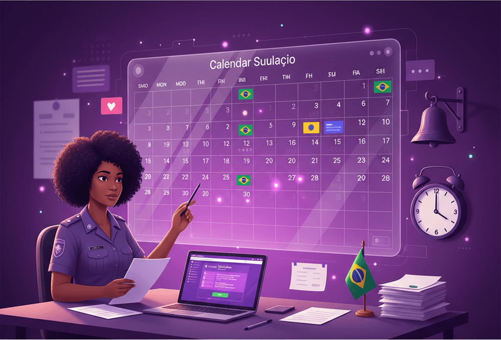 Calendário letivo digital com feriados nacionais e municipais destacados em ano escolar brasileiro no painel EduPrime