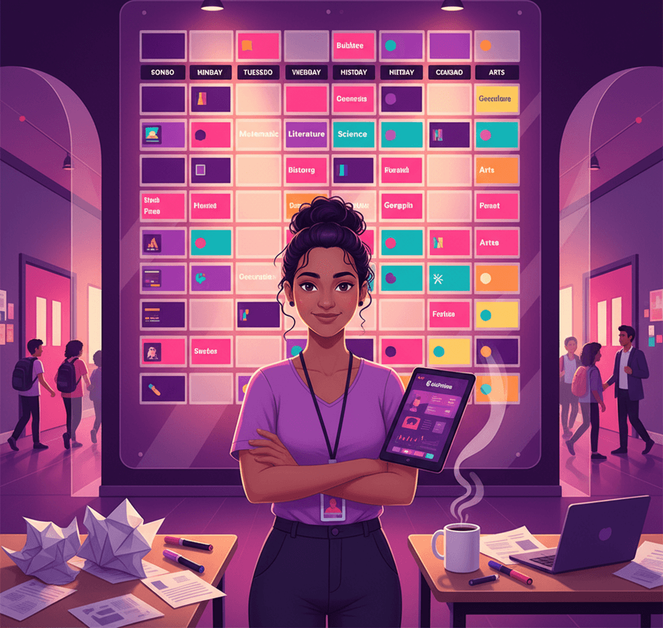 Coordenadora montando quadro de horários em grade visual com disciplinas e professores no sistema EduPrime, sem conflitos